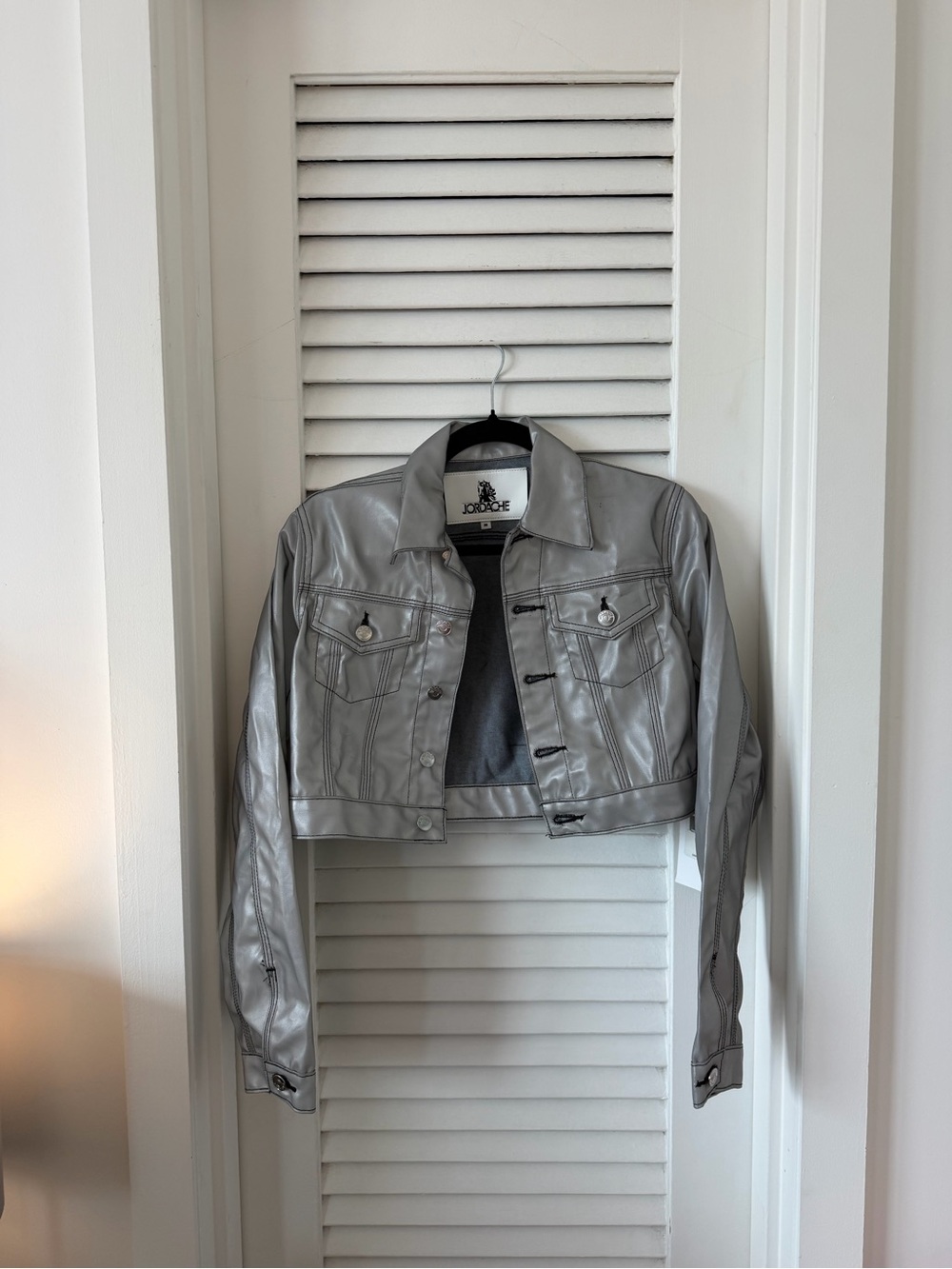 Jordache Metallic Silver Cropped Faux Leather Jacket